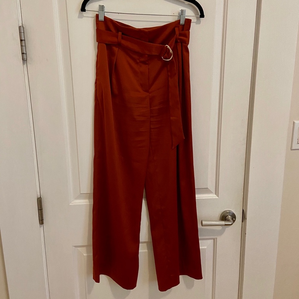 Rust orange satin high waist pants